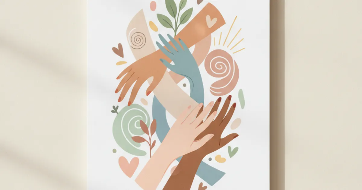 Illustration abstraite de mains entrelacées et de symboles de bien-être, représentant la diversité et la positivité de la sexualité.