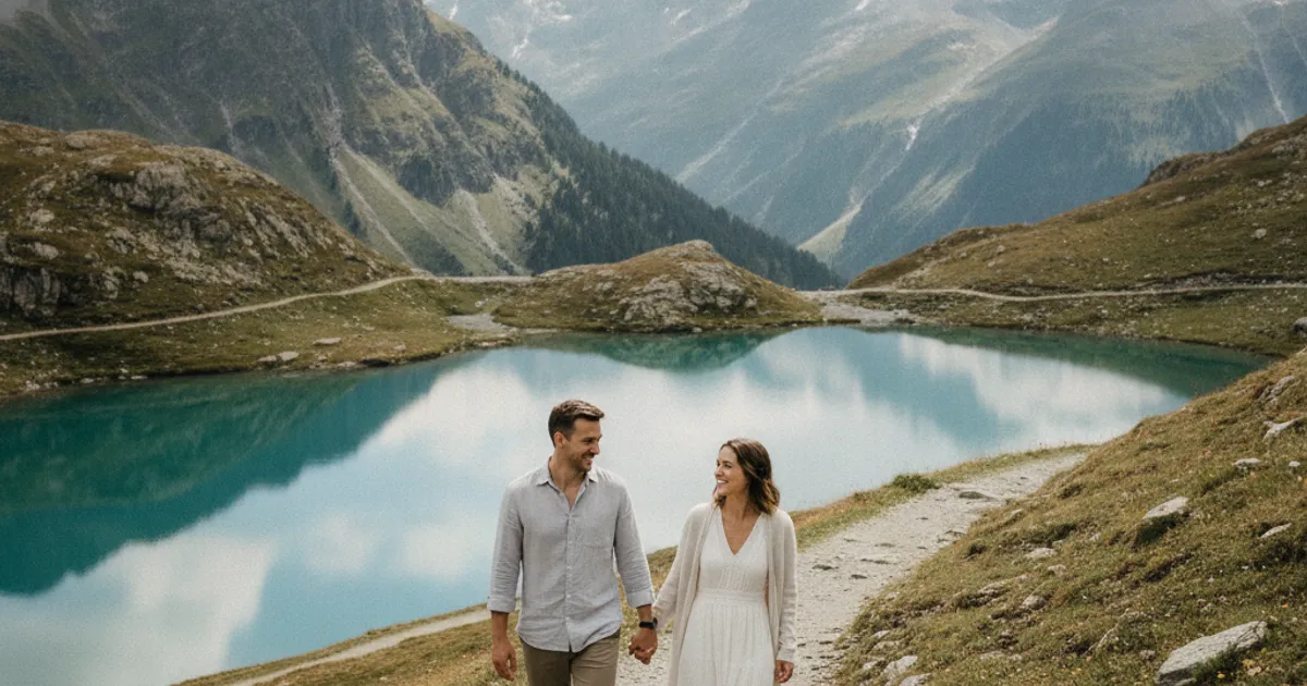 Un couple souriant, main dans la main, sur un sentier de montagne suisse avec un lac ou un paysage alpin en arrière-plan.