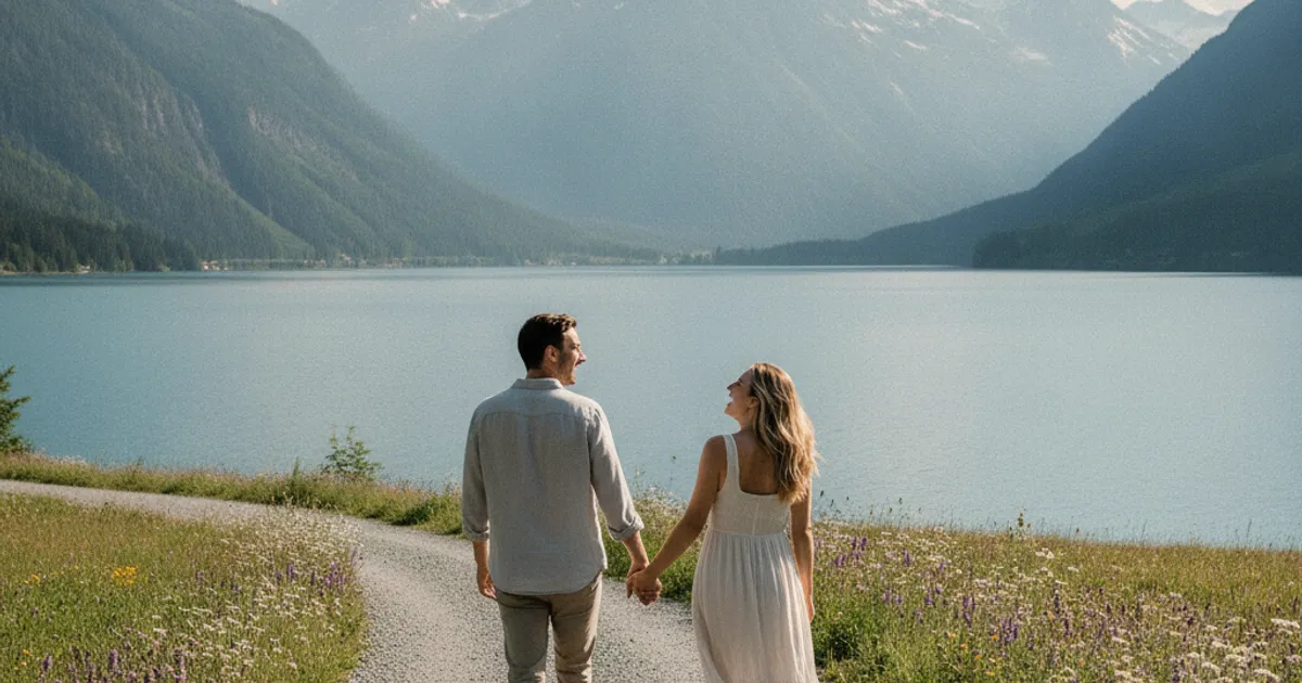 Un couple riant et se tenant la main lors d'une activité extérieure en Suisse romande, avec une vue sur un lac et une montagne.