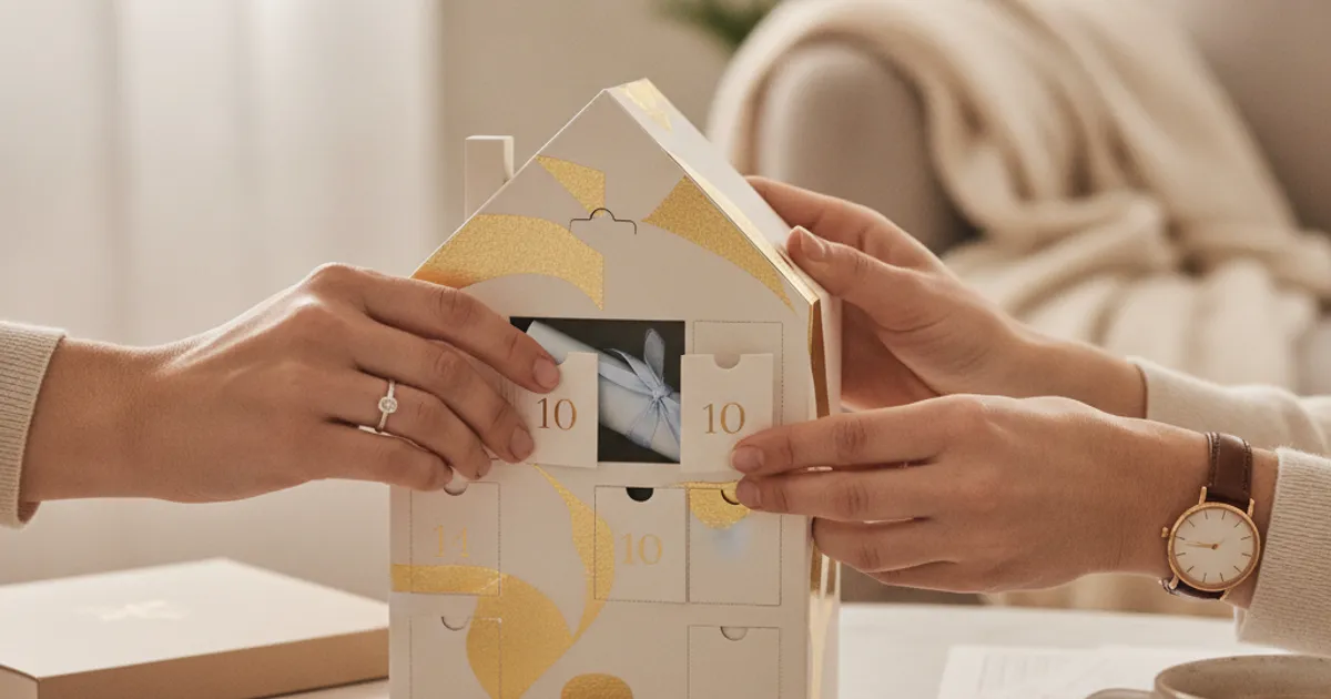 Un couple souriant et complice ouvrant une case d'un calendrier de l'Avent stylisé, avec des éléments intimes subtils.