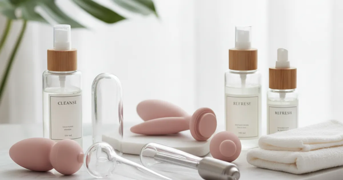Un ensemble de sextoys de différents matériaux (silicone, verre, métal) posés sur une surface propre avec des produits de nettoyage doux à proximité, dans une ambiance lumineuse et soignée.