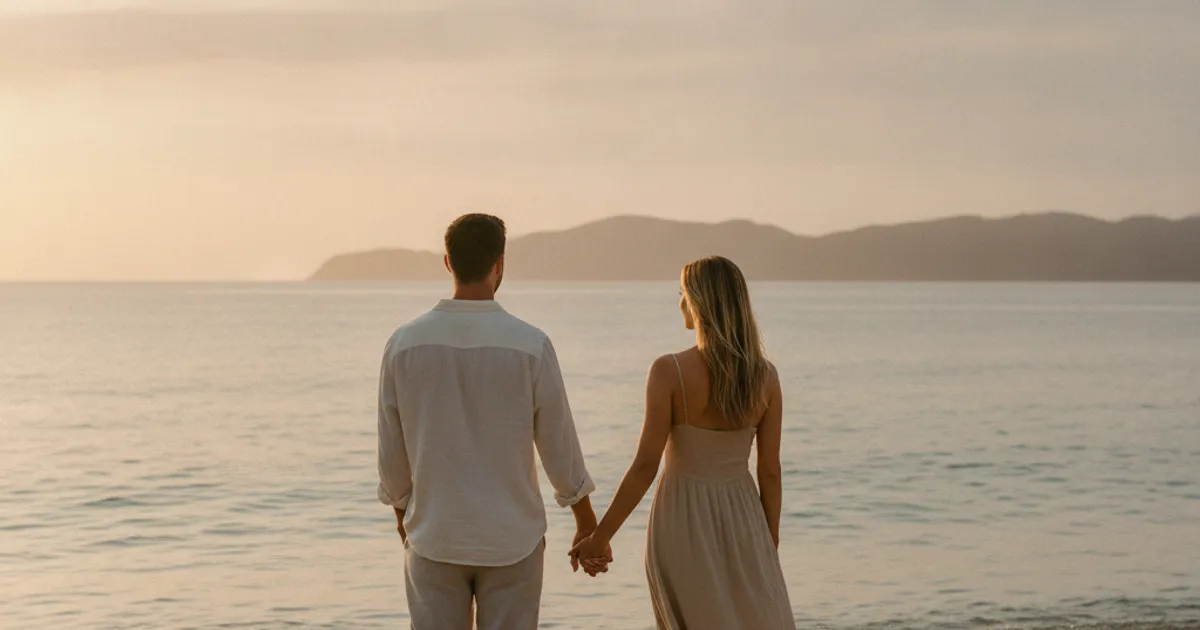 Un couple se tenant la main, regardant l'horizon, avec une lumière douce