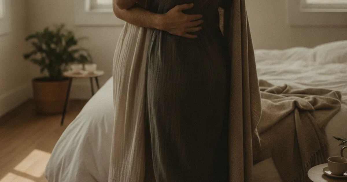 A couple embracing tenderly in dim lighting, evoking the serenity and connection of slow sex.