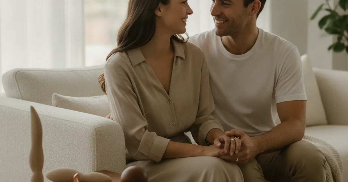 Un couple souriant partageant un moment intime, avec des sextoys discrets à leurs côtés