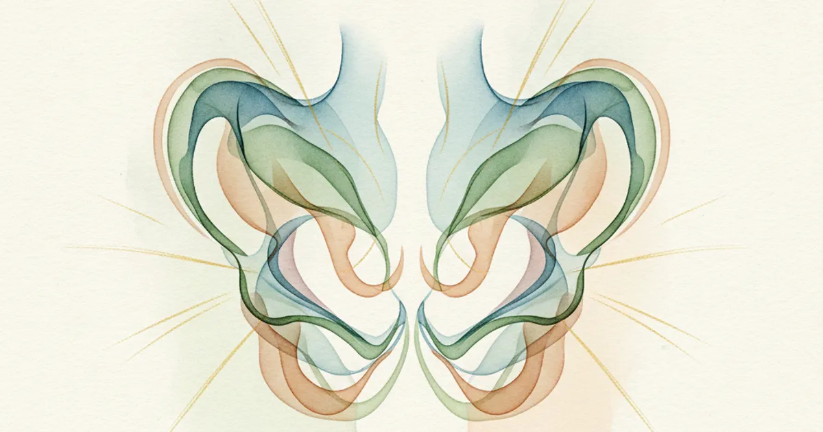 Illustration abstraite et inclusive du plancher pelvien avec des lignes de force pour représenter le renforcement, ou une personne (genre neutre) effectuant un exercice de Kegel de manière discrète.