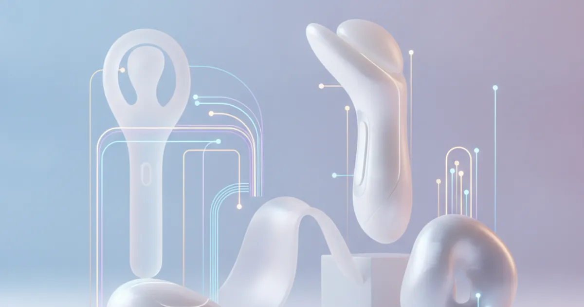 Composition abstraite et futuriste de sextoys stylisés avec des lignes lumineuses symbolisant la connectivité et l'IA