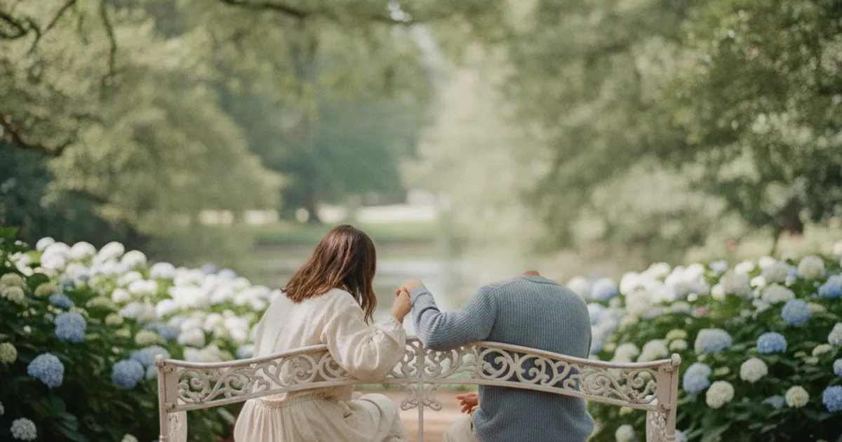 Deux personnes assises sur un banc dans un parc, en train de parler sérieusement mais calmement, avec une lumière douce et une ambiance sereine.