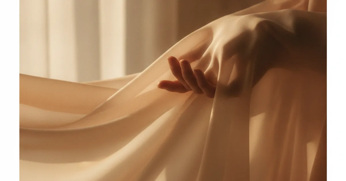Photo abstraite et douce, évoquant la sensualité et l'intimité, avec des teintes chaudes, sans être explicite. Des mains entrelacées ou un drapé léger.