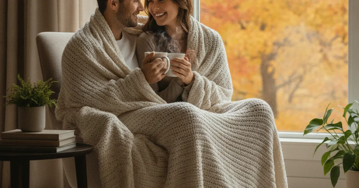 Un couple souriant et complice, enveloppé dans une couverture douce, buvant une boisson chaude devant une fenêtre avec des feuilles d'automne.