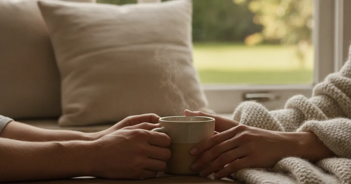 Une personne souriante et détendue, dans un moment d'intimité douce, évoquant le bien-être et la complicité.