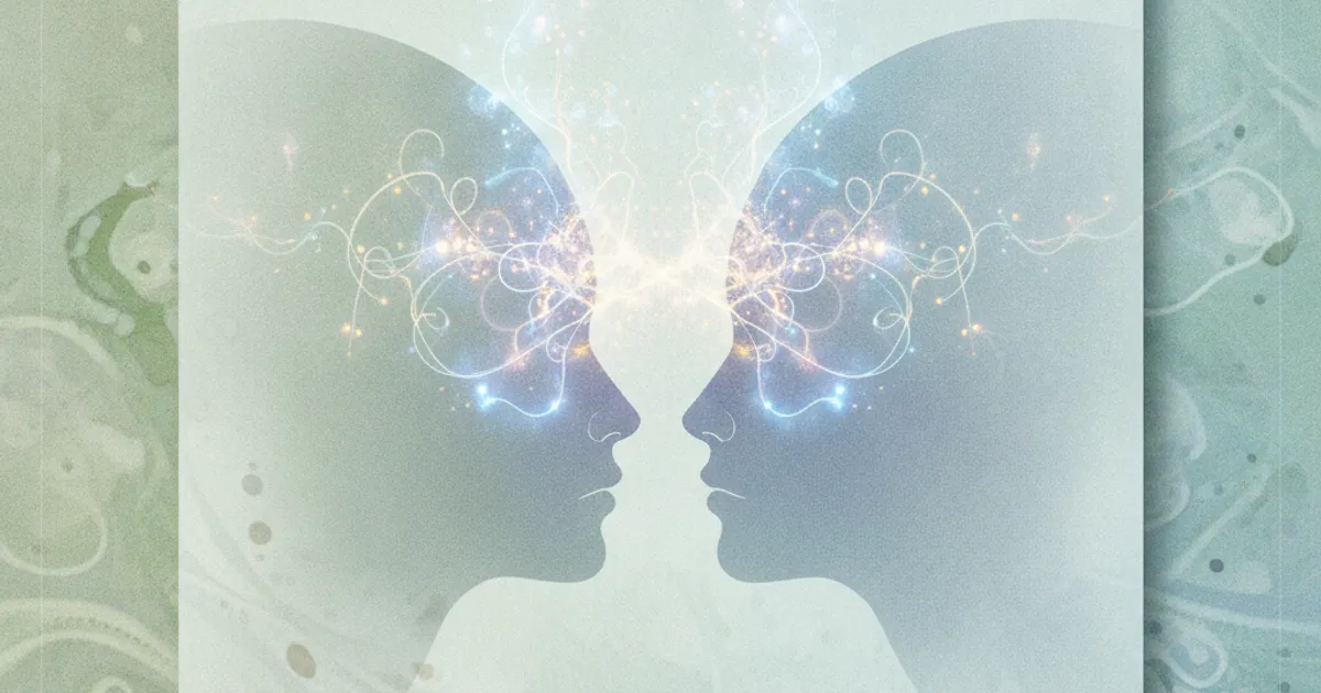 Illustration abstraite de deux profils de visages stylisés se faisant face, avec des éléments lumineux suggérant une connexion intellectuelle ou une activité cérébrale, sur un fond doux et texturé.