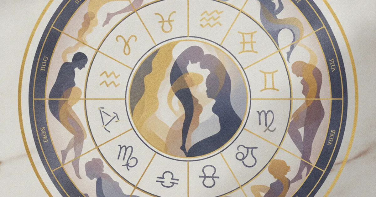Illustration stylisée du zodiaque avec des silhouettes de couples entrelacées, évoquant la sensualité et l'astrologie.