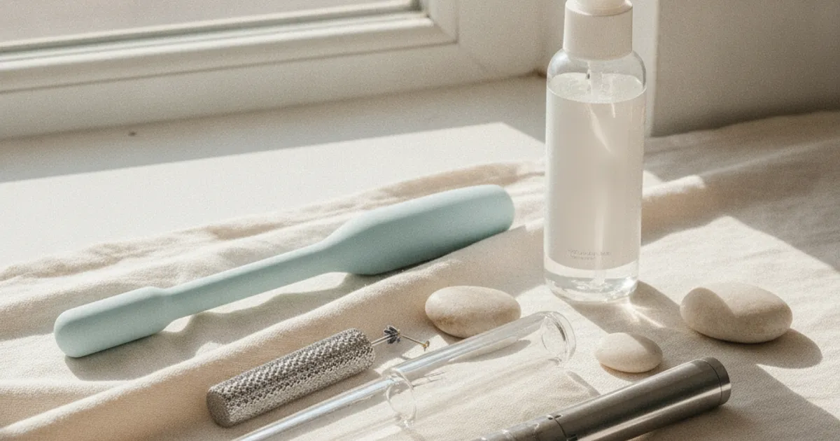 Un ensemble de sextoys variés et propres, avec un flacon de désinfectant, symbolisant l'hygiène et la sécurité des produits d'occasion.